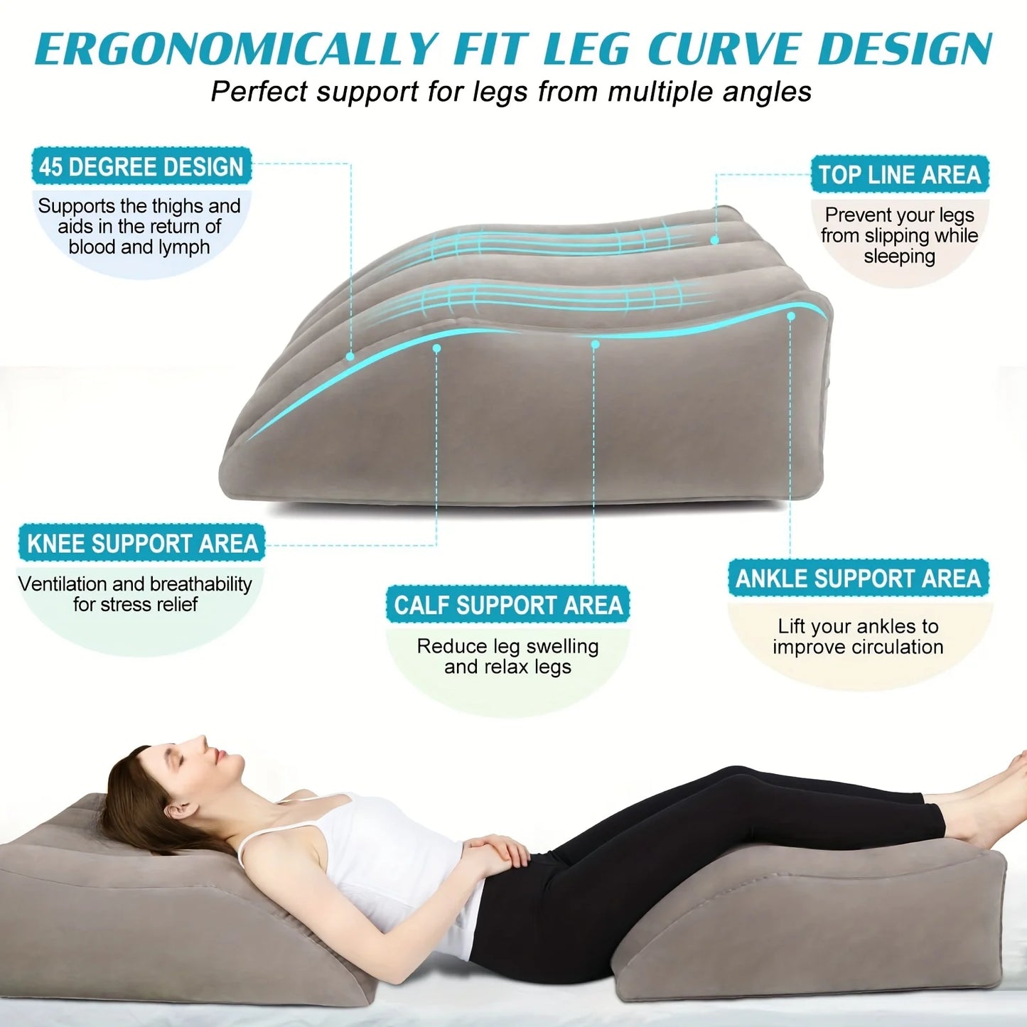 Plush inflatable leg and knee relief support cushion - gray linen wedge pillow