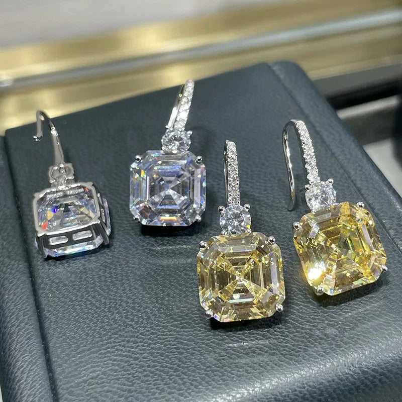 ELSIEUNEE 100% 925 Strerling Silver 12*12MM Asscher Cut Sparkling Citrine High Carbon Diamond Drop Earrings for Women Party Gift