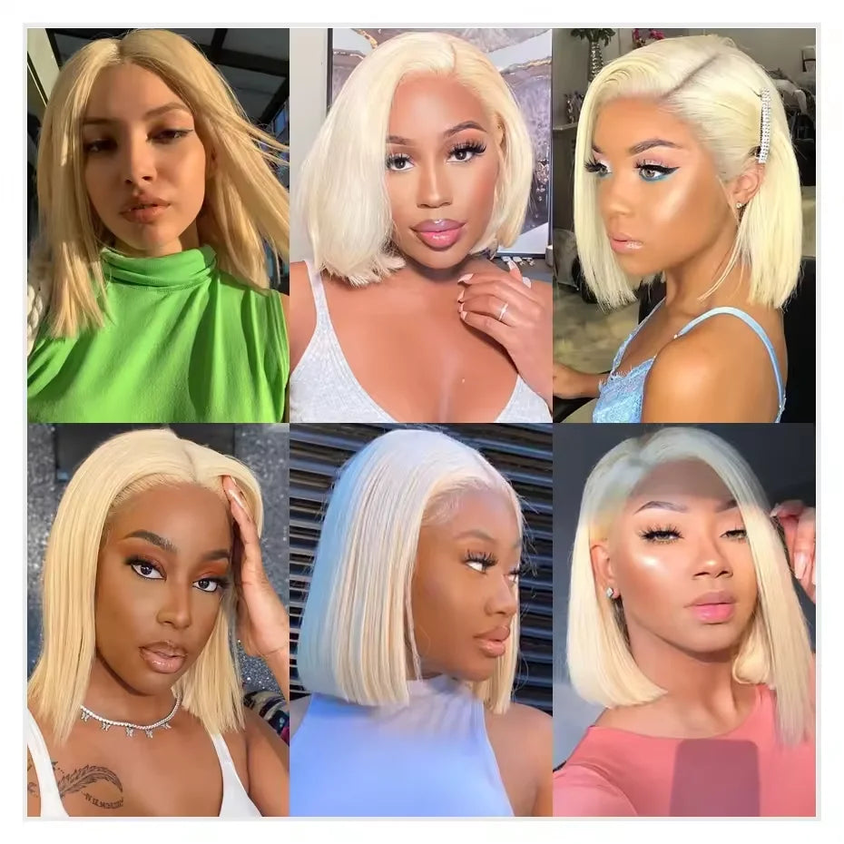 #613 Platinum Blonde Blunt Cut Bone Straight Bob Human Hair Wig 13x4 HD Swiss Transparent Lace Frontal Wig Bleached Knots Pre Plucked Natural Hairline Baby Hair