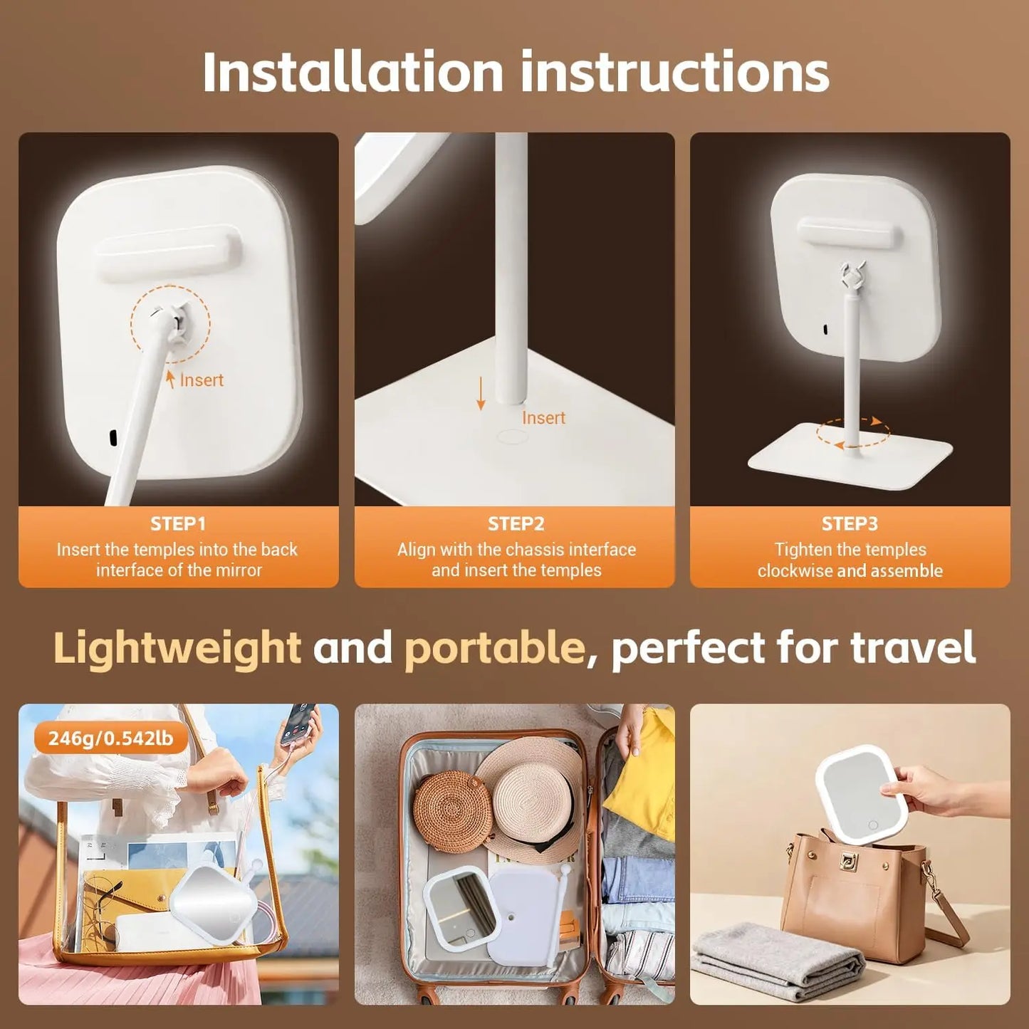 Vanity Makeup Mirror with Light, 3 Lights Color Portable Compact Travel Cosmetic Mirror Gifts Rechargeable Rotation Adjustment