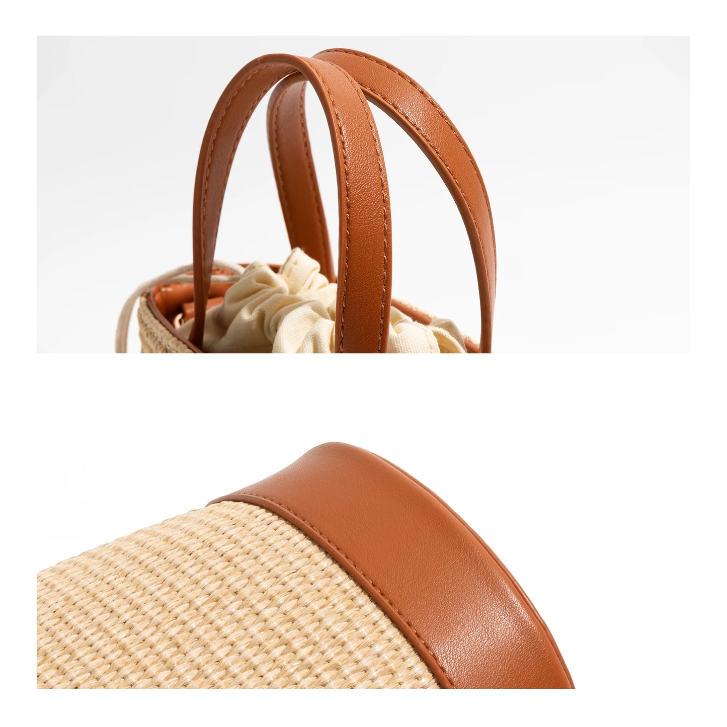 CKKUI Seaside Vacation French Bag Stylish Straw Woven With PU Leather Pouch Summer Large Capacity Handbag Crossbody Bucket Bag