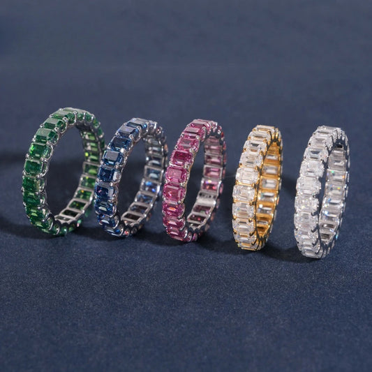 0.3ct Green Pink D Color Emerald Cut Moissanite Eternity Ring 925 Sterling Silver Plated Bling Diamond Wedding Band Pass Tester