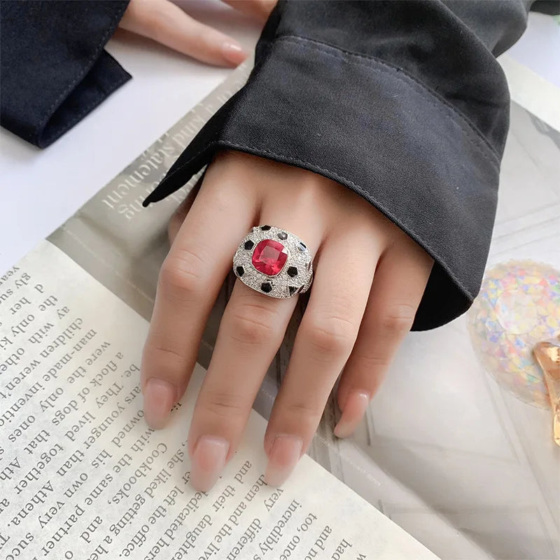 Adjustable Red Ruby Statement Stackable Rings with Black Accents Classic Cubic Zirconia for Women Jewelry Wedding Gift for Guest