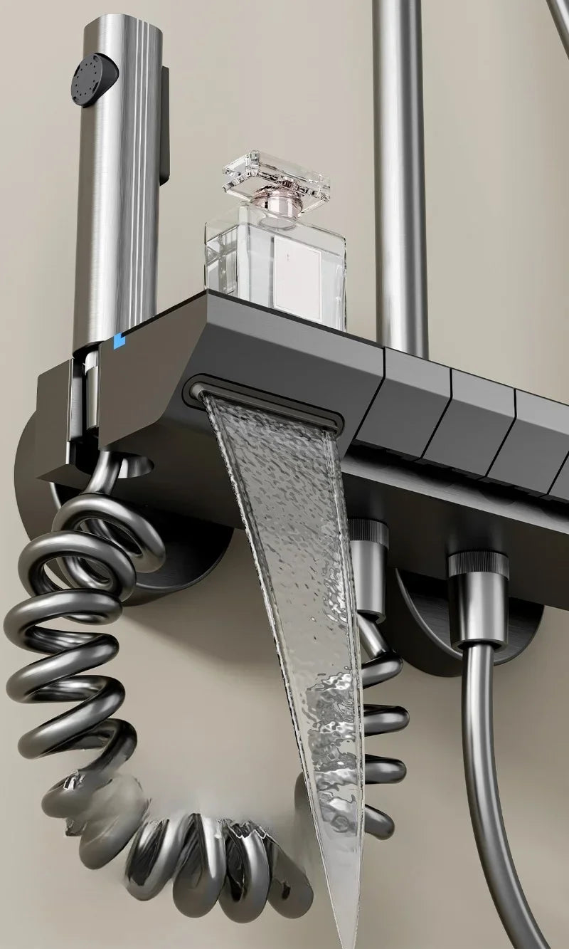 Bathroom Piano Key 4 Ways Water Outlet Luxury Shower Set LED Light Smart Temperature Display Rainlfall Shower Faucet System