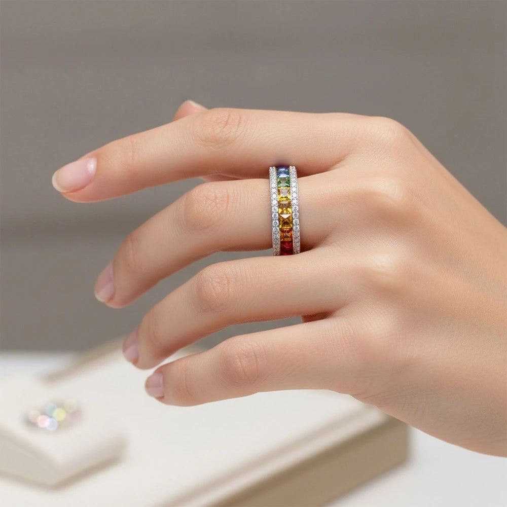 Wong Rain Luxury 925 Sterling Silver Lab Sapphire High Carbon Diamond Colorful Row Rings for Women Fine Jewelry Wedding Band