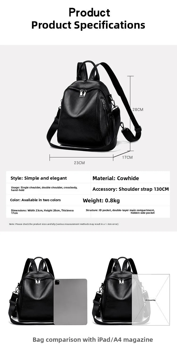 2026 New Fashionable Pure Color Leather Backpack Women's Cross-Border Travel Bag Durable Soft Cowhide Shoulder Bag for All Ages