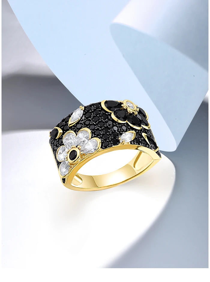 SANTUZZA Genuine 925 Sterling Silver Ring For Women Sparkling Black /Pink/Blue Spinel Colorful Flower Elegant Party Fine Jewelry