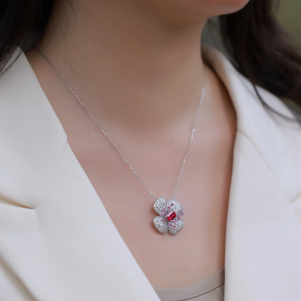 Wong Rain 925 Sterling Silver Emerald Cut 5*7 MM Emerald Sapphire Ruby High Carbon Diamond Flower Pendant Necklace Fine Jewelry
