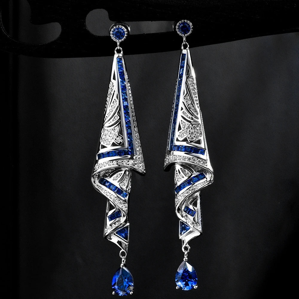 Wong Rain Vintage 100% 925 Sterling Silver Pass Test Lab Sapphire High Carbon Diamond Gemstone Drop Dangle Earrings Fine Jewelry