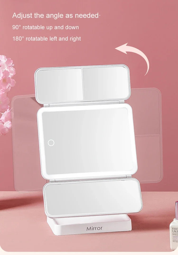 Tri-Fold Makeup Mirror with Led Light, Rotable Cute Desk Vanity Mirror 3 Tone with 2X/3X Magnifying Gift for Mom Wife Girlfriend