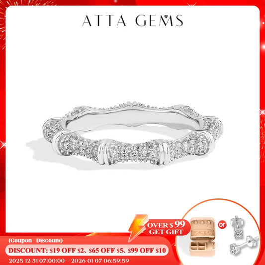 ATTAGEMS Sparkling Moissanite Ring Bamboo Design 925 Sterling Silver Women Rings Peace Good Luck for Birthday Party Gift Jewelry