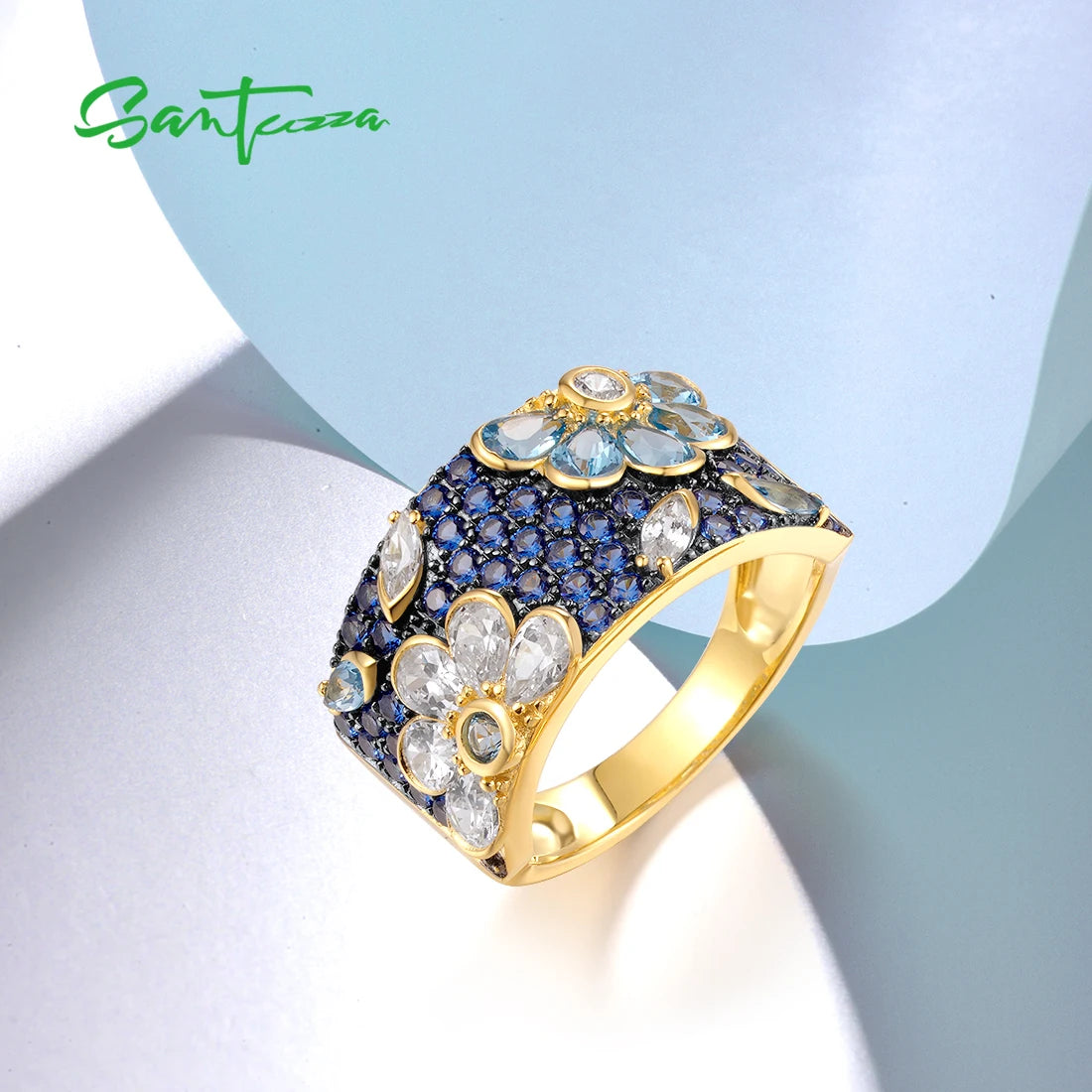 SANTUZZA Genuine 925 Sterling Silver Ring For Women Sparkling Black /Pink/Blue Spinel Colorful Flower Elegant Party Fine Jewelry