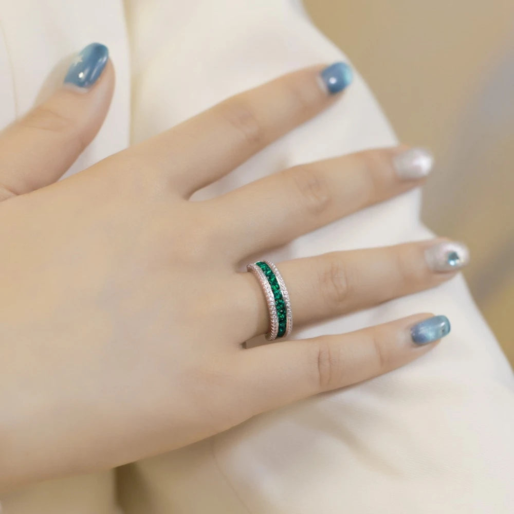 Wong Rain Vintage 925 Sterling Silver Round Cut 2.5 MM Emerald Gemstone Row Rings Fine Jewelry Wedding Band Anniversary Gifts