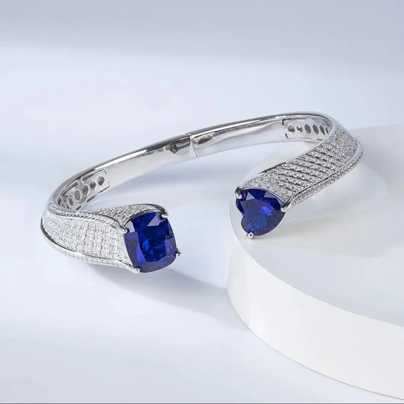 ZOCA 925 Sterling Silver High Carbon Cuff Bangle Double Sapphire Stones Lab Sapphire Blue Stone Luxury Designer Jewelry