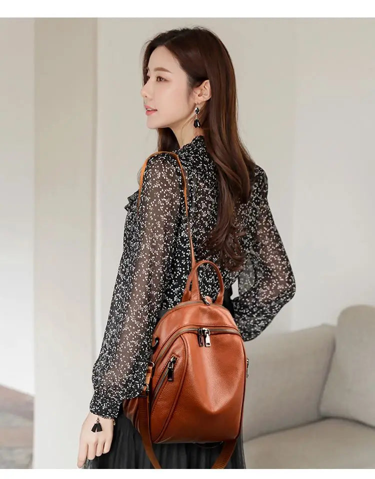 2026 New Fashionable Pure Color Leather Backpack Women's Cross-Border Travel Bag Durable Soft Cowhide Shoulder Bag for All Ages