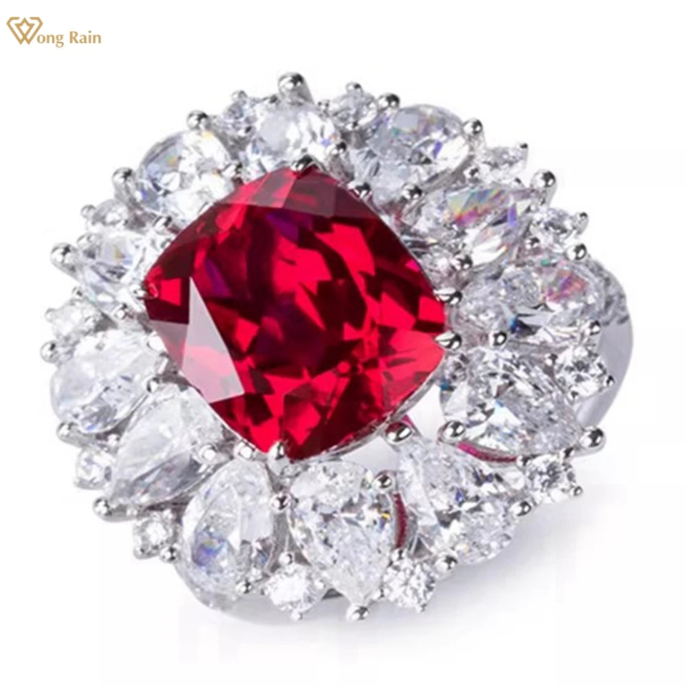 Wong Rain Luxury 925 Sterling Silver 10*12 MM Ruby High Carbon Diamond Gems Wedding Engagement Ring for Women Fine Jewelry Gifts