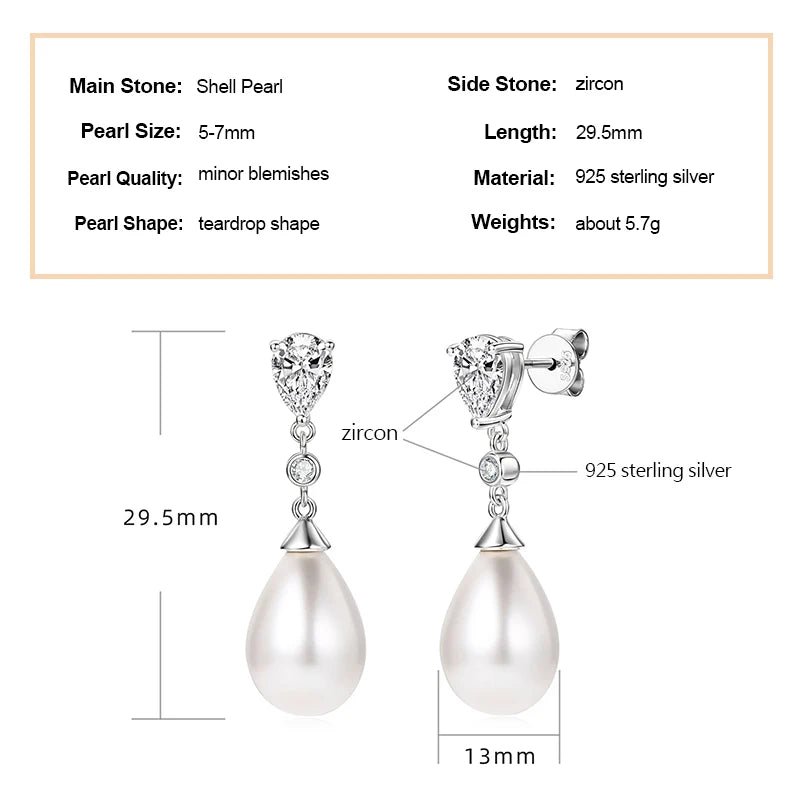Anziw Elegant 925 Sterling Silver Earrings 13mm White Shell Pearl Drop Stud Earrings Engagement Wedding Fine Jewelry for Women