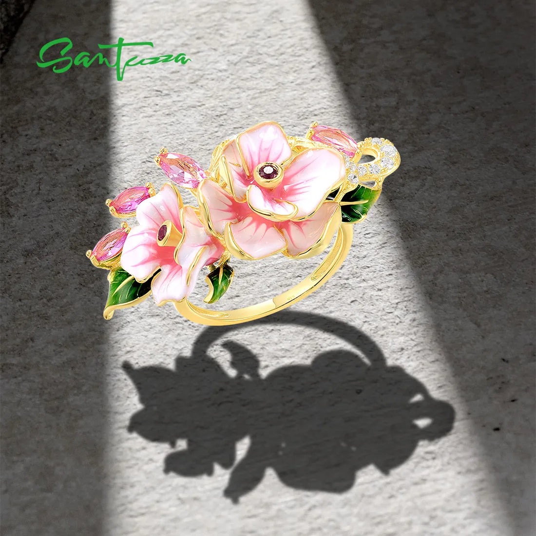 SANTUZZA Genuine 925 Sterling Silver Rings For Women Red Pink Stones White CZ Handmade Enamel Flower Ring Delicate Fine Jewelry