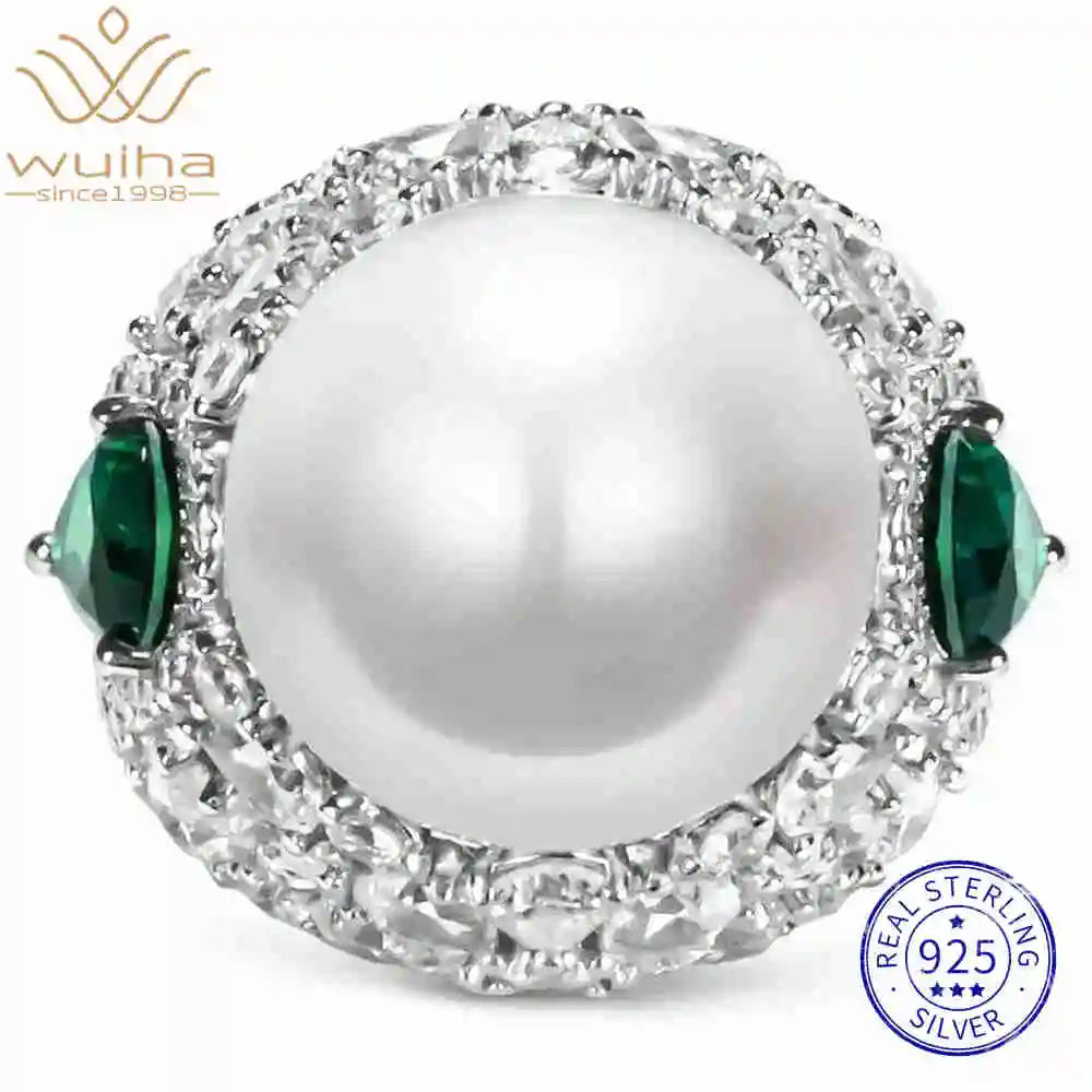 WUIHA Vintage 925 Sterling Silver Lab Sapphire Pearl Emerald High Carbon Diamonds Gemstone Wedding Engagement Ring Fine Jewelry