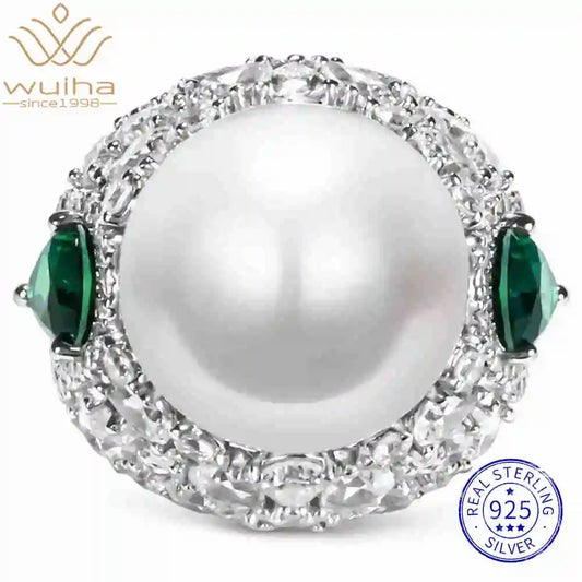 WUIHA Vintage 925 Sterling Silver Lab Sapphire Pearl Emerald High Carbon Diamonds Gemstone Wedding Engagement Ring Fine Jewelry