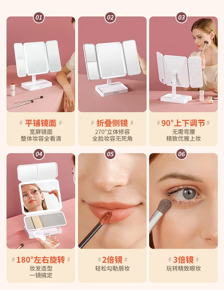 Tri-Fold Makeup Mirror with Led Light, Rotable Cute Desk Vanity Mirror 3 Tone with 2X/3X Magnifying Gift for Mom Wife Girlfriend