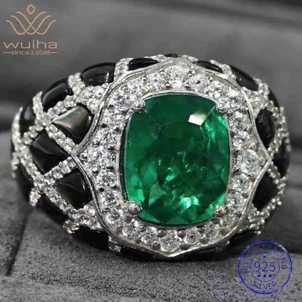 WUIHA 925 Sterling Silver Lab Sapphire Emerald Shell High Carbon Diamonds Gemstone Wedding Engagement Cocktail Ring Fine Jewelry