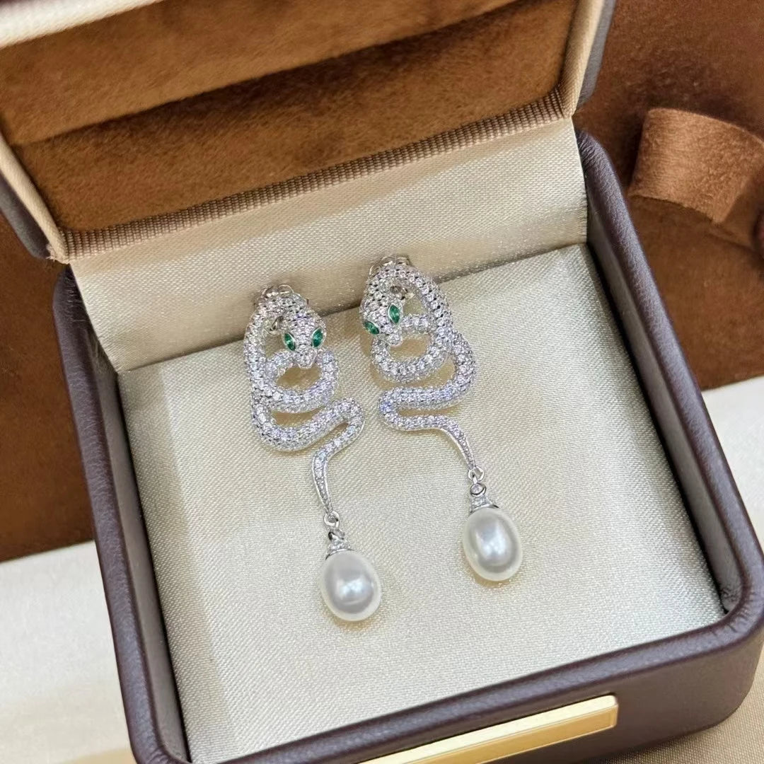 Original 925 Silver High-carbon Diamond Natural Pearl Snake Ear Drop Dangles Silver Boa Lab-grown Diamond Earring Fine Jewelry