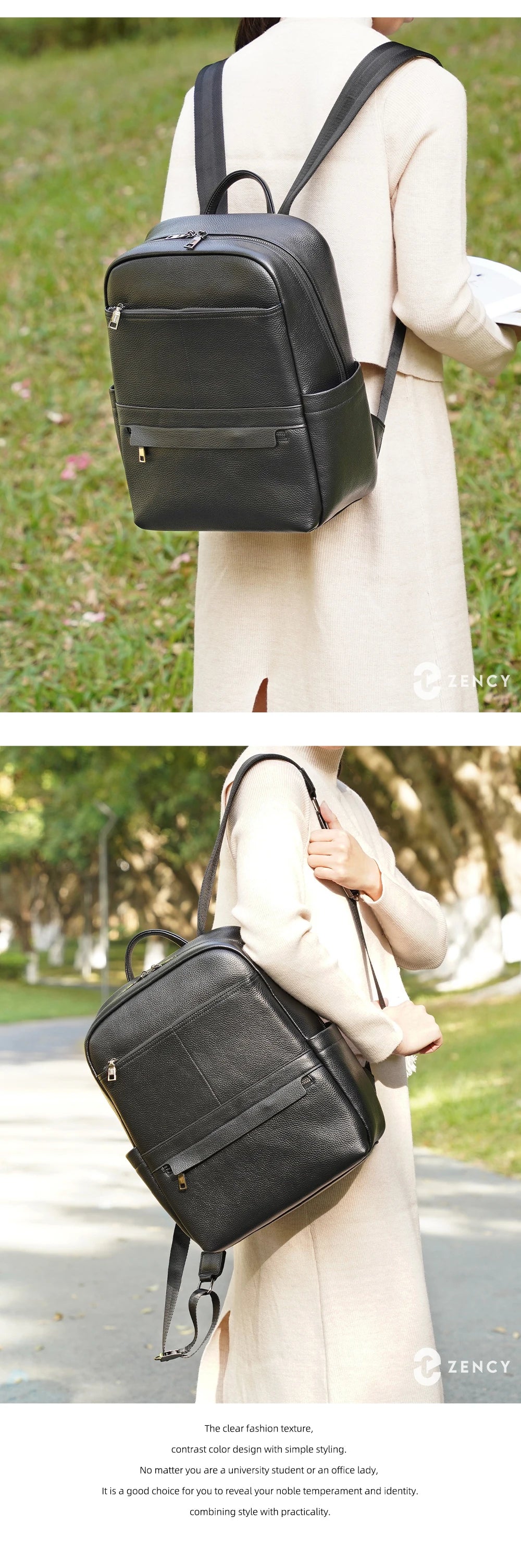 Zency Genuine Leather Backpack Bag Simple Casual Large Capacity Women's Knapsack Travel Outdoor Female Rucksack Unisex Mochilas