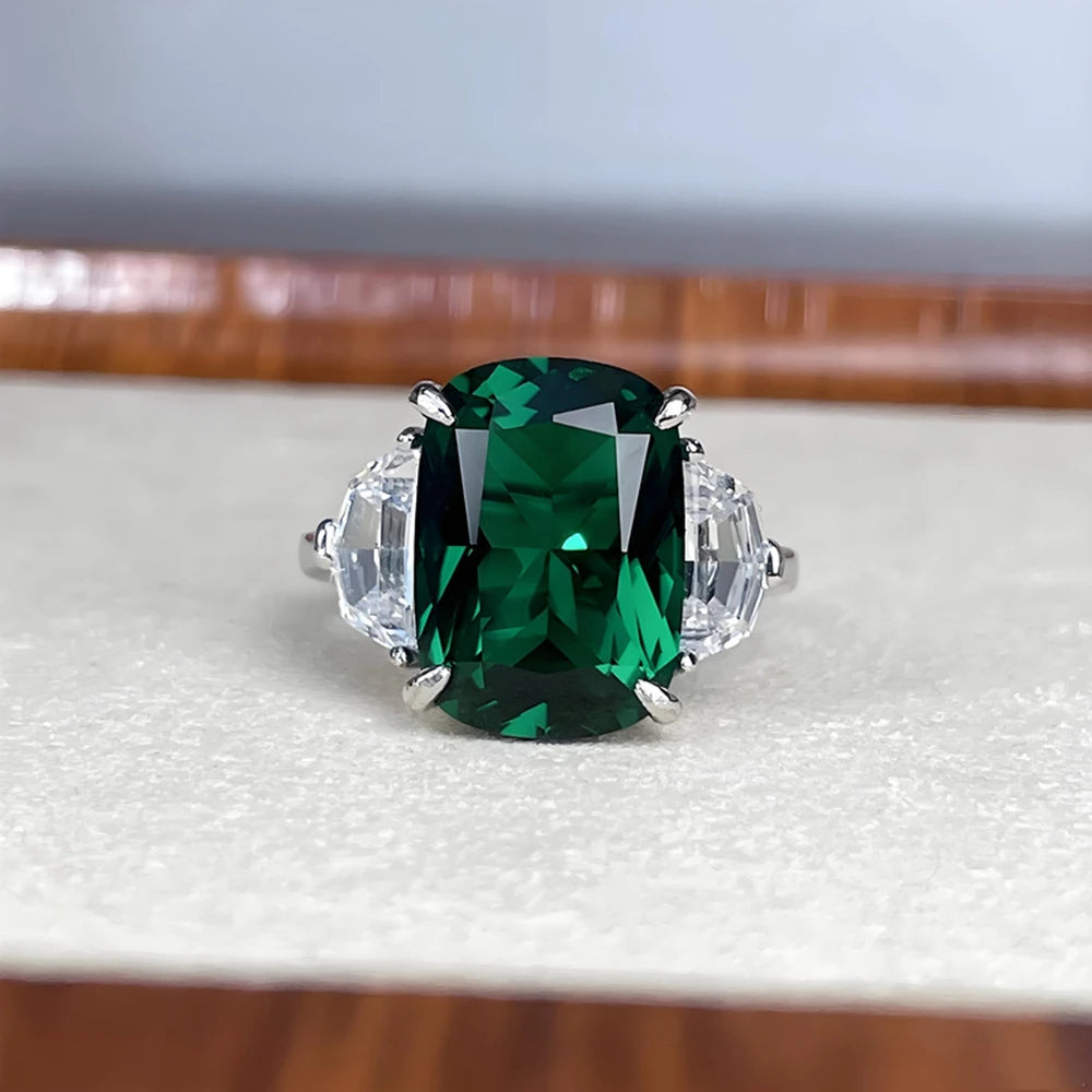 Wong Rain Vintage 925 Sterling Silver 10*14 MM Emerald High Carbon Diamonds Gems Ring for Women Fine Jewelry Anniversary Gifts