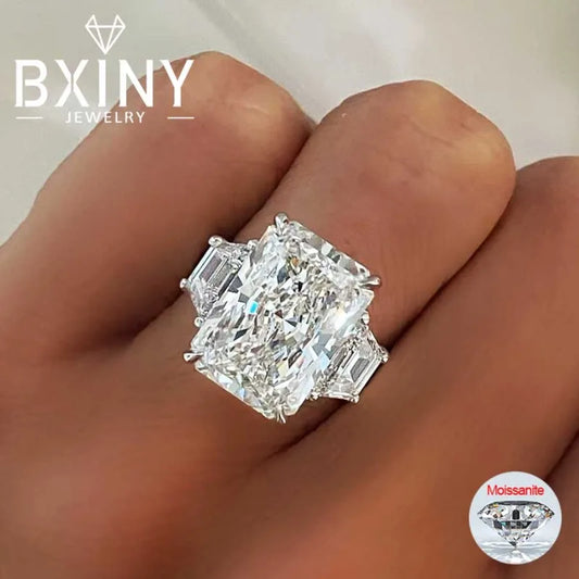 BXINY Luxury 10CT Radiant/Emerald Cut Moissanite Rings 100% S925 Silver 3-Stone Ice-cut Diamonds Women Men Wedding Bands Jewelry