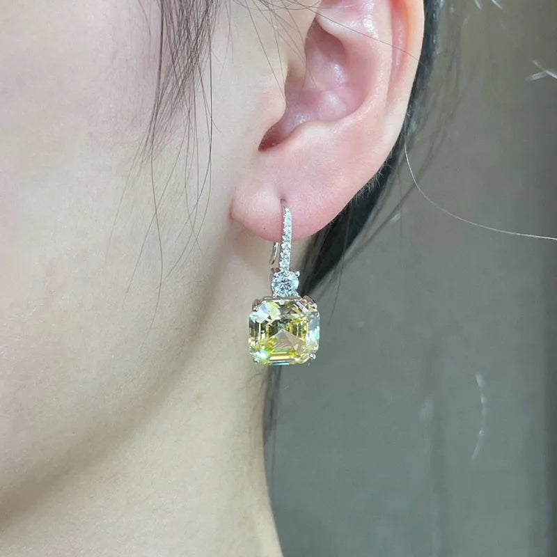 ELSIEUNEE 100% 925 Strerling Silver 12*12MM Asscher Cut Sparkling Citrine High Carbon Diamond Drop Earrings for Women Party Gift