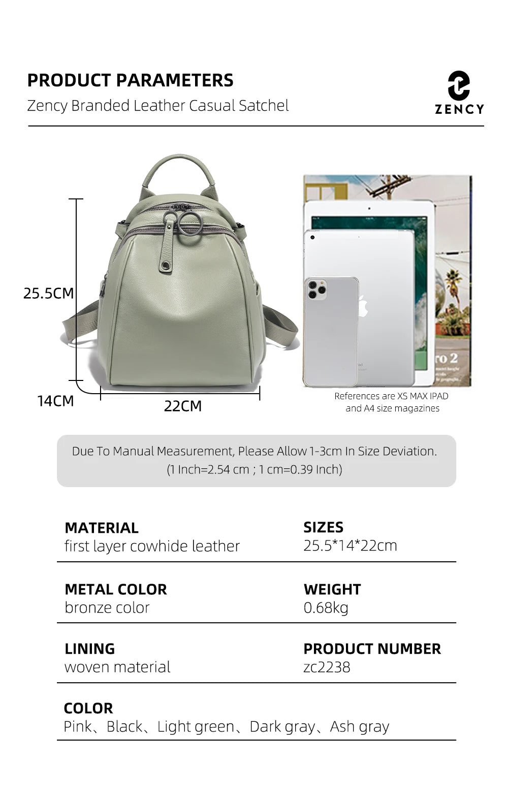 Zency Women's Soft Genuine Leather Travel Backpack Large Capacity Convertible Rucksack Knapsack Multi-compartment Shoulder Bag