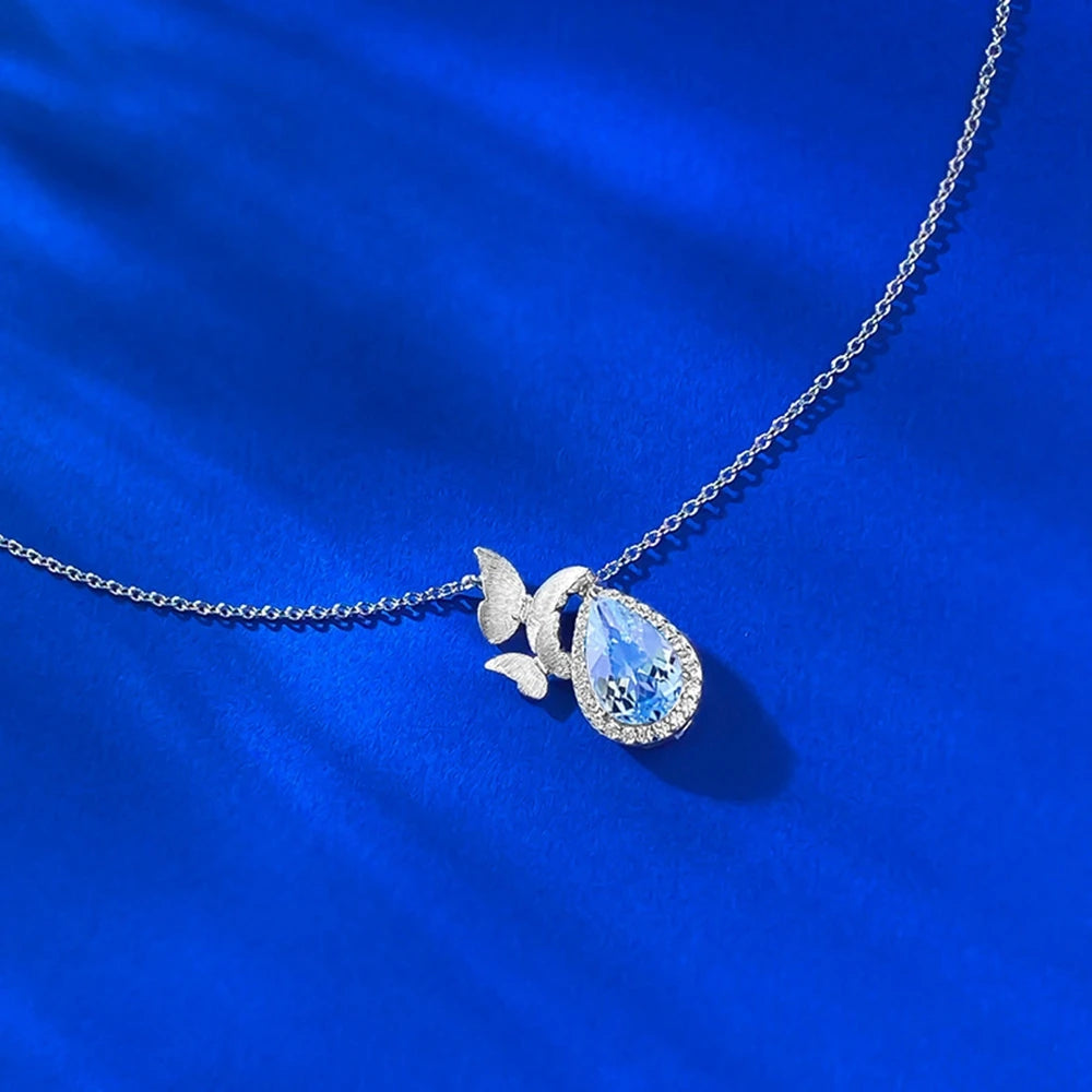 Wong Rain 100% 925 Sterling Silver Pear Cut 7*11 MM Blue Topaz High Carbon Diamond Gems Pendant Necklace Fine Jewelry Wholesale