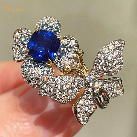 Wong Rain Luxury 925 Sterling Silver Sapphire High Carbon Diamond Gemstone Flower Ring for Women Fine Jewelry Anniversary Gifts