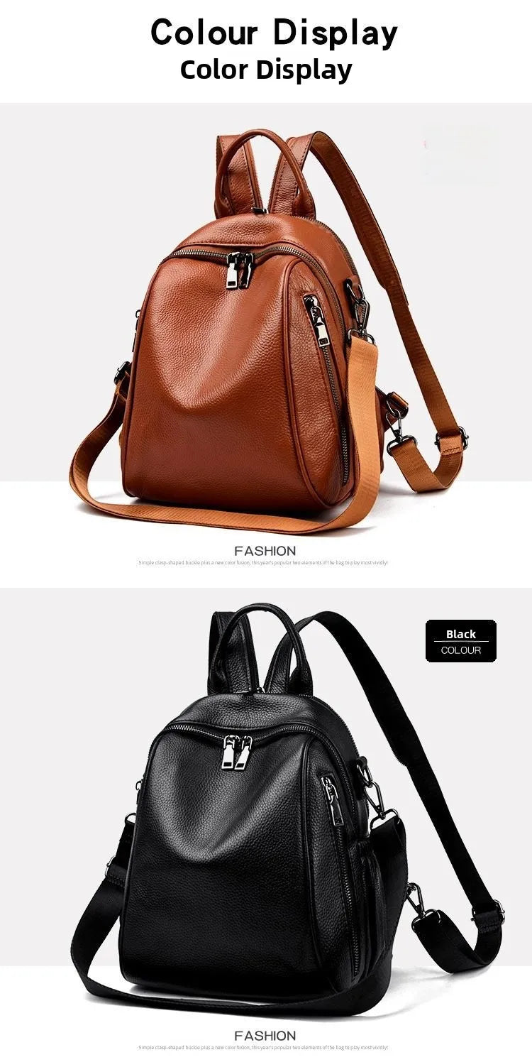 2026 New Fashionable Pure Color Leather Backpack Women's Cross-Border Travel Bag Durable Soft Cowhide Shoulder Bag for All Ages