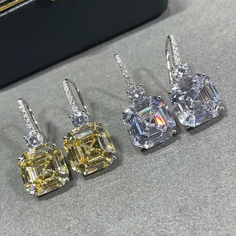 ELSIEUNEE 100% 925 Strerling Silver 12*12MM Asscher Cut Sparkling Citrine High Carbon Diamond Drop Earrings for Women Party Gift