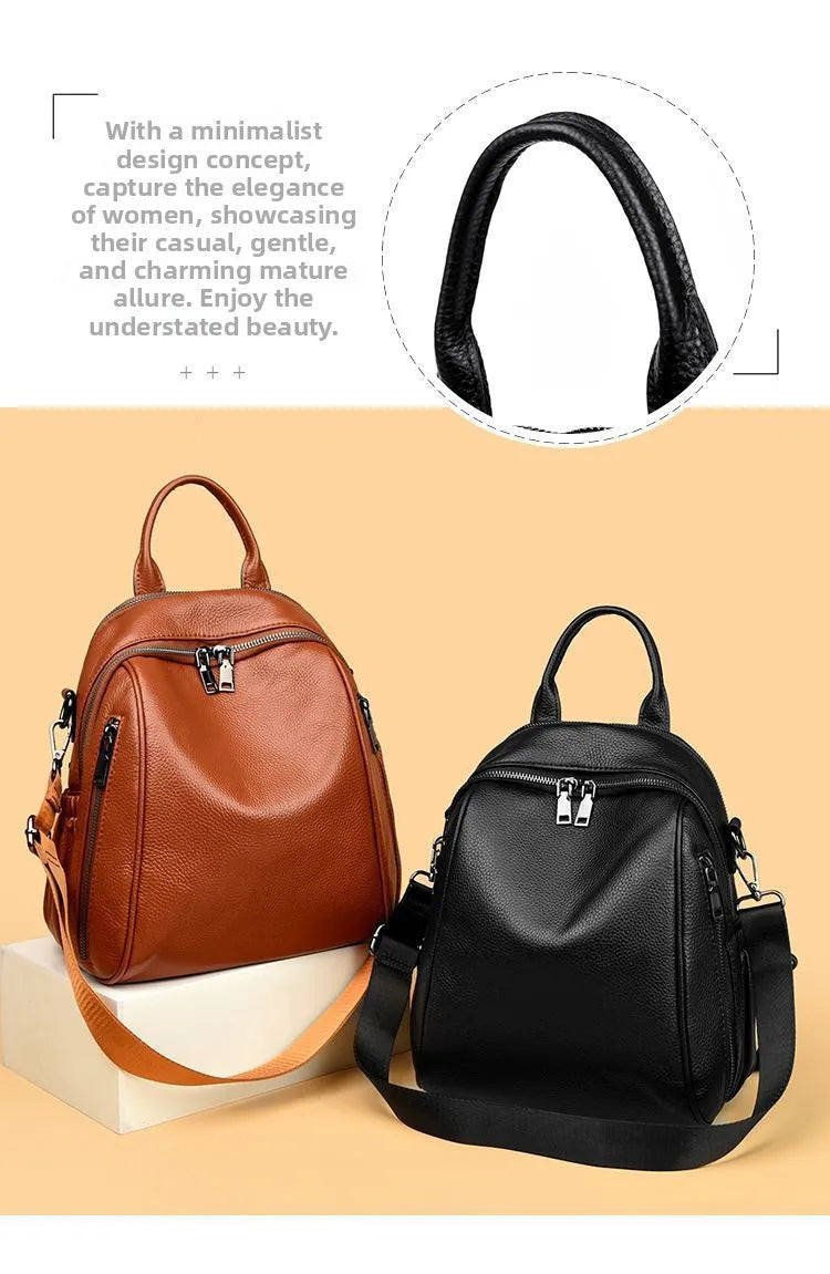 2026 New Fashionable Pure Color Leather Backpack Women's Cross-Border Travel Bag Durable Soft Cowhide Shoulder Bag for All Ages