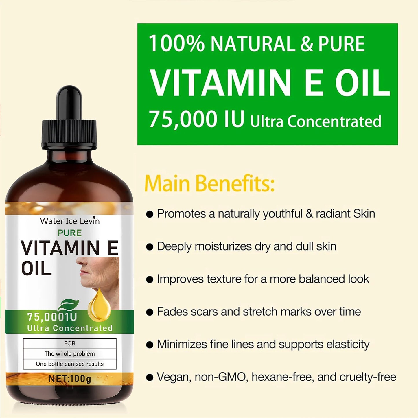 100ml Natural Vitamin E Essential Oil, Used for Massage, Skin Care, Gua Sha, Showering, Facial, Body, Nail, Hair, and Eyelash Care, Versatile