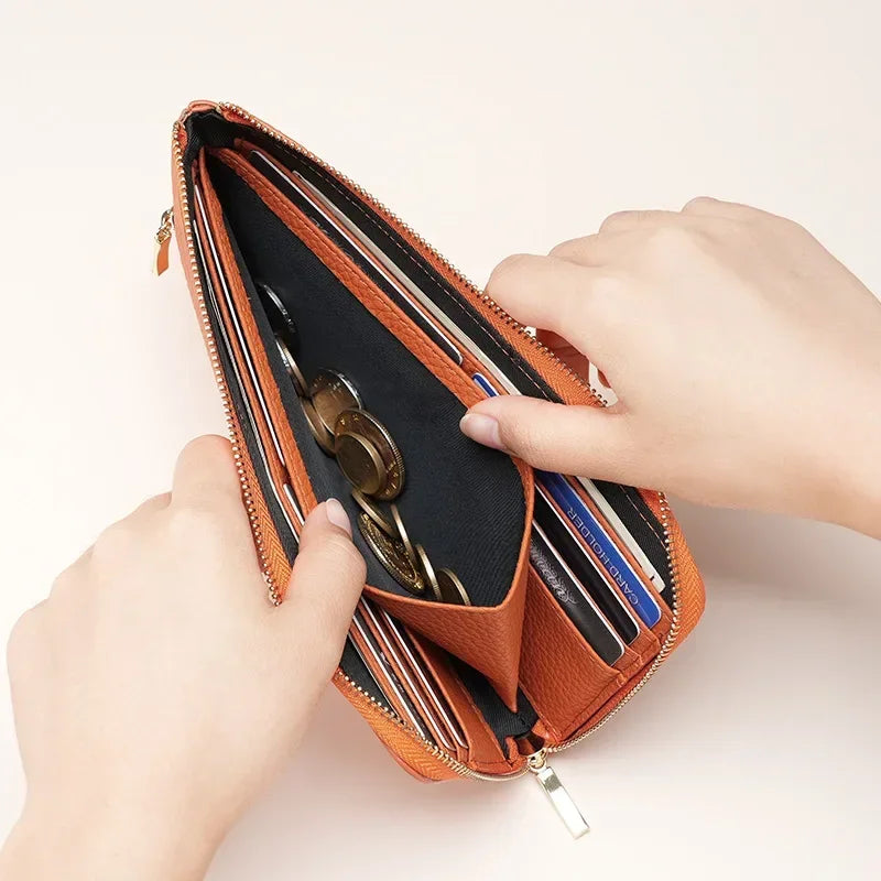Women's Genuine Leather Long Wallets Cowhide Coin Purse Multi-card  Wallet for Women