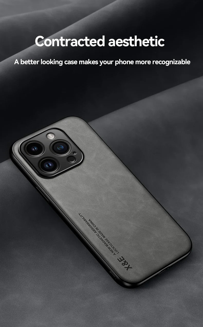 Luxury Leather Case For iPhone 16 16e 15 14 13 12 11 Pro Max Plus 12 13 Mini X XS SE 8 7 Cover With Metal Plate Support Car Hold