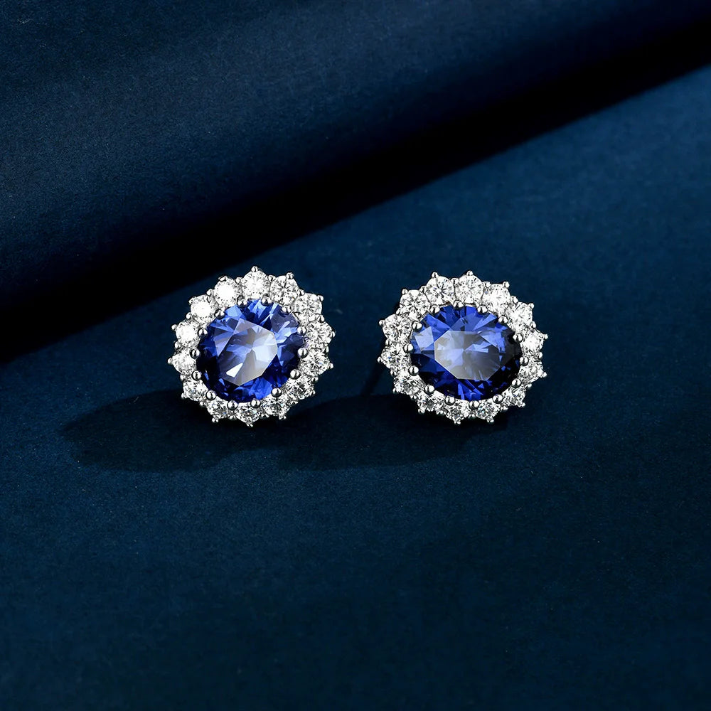 WUIHA Vintage 925 Sterling Silver 9 * 11 MM Oval Cut Lab Sapphire High Carbon Diamonds Gemstone Ear Studs Earrings Fine Jewelry