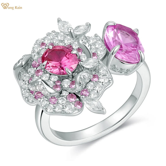 Wong Rain 925 Sterling Silver Padparadscha Pink Sapphire High Carbon Diamond Flower Rings for Women Fine Jewelry Wedding Gifts