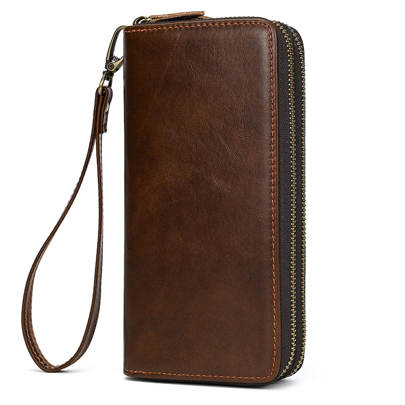 Men's crazy horse Leather long wallet Zip around genuine leather wallet Phone case purse with coin pocket 4 interlayer pocket
