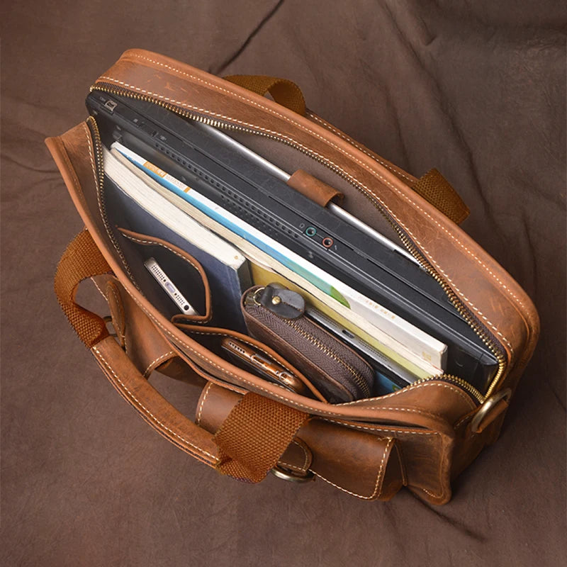 GURO Vintage Wild Handbag Male Genuine Leather Business Briefcase Original Cowhide Shoulder Messenger Bag A4 File 14″ Laptop Bag