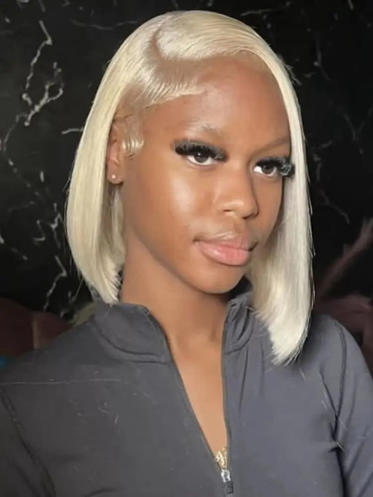 #613 Platinum Blonde Blunt Cut Bone Straight Bob Human Hair Wig 13x4 HD Swiss Transparent Lace Frontal Wig Bleached Knots Pre Plucked Natural Hairline Baby Hair