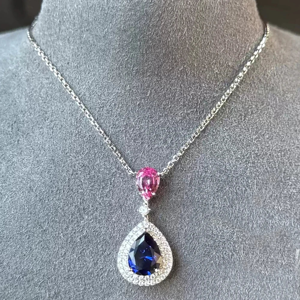 WUIHA Vintage 925 Sterling Silver 7 * 9 MM Pear Cut Lab Sapphire High Carbon Diamonds Gemstone Pendant Necklace Fine Jewelry
