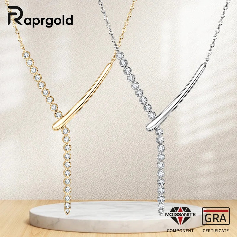 RAPRGOLD Full Round Moissanite Y-shaped Pendant Necklace for Women S925 Sterling Silver Chain Fine Jewelry Gift with Certificate
