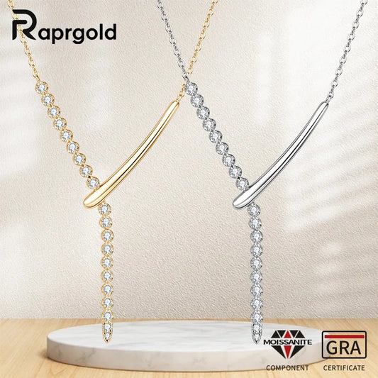 RAPRGOLD Full Round Moissanite Y-shaped Pendant Necklace for Women S925 Sterling Silver Chain Fine Jewelry Gift with Certificate