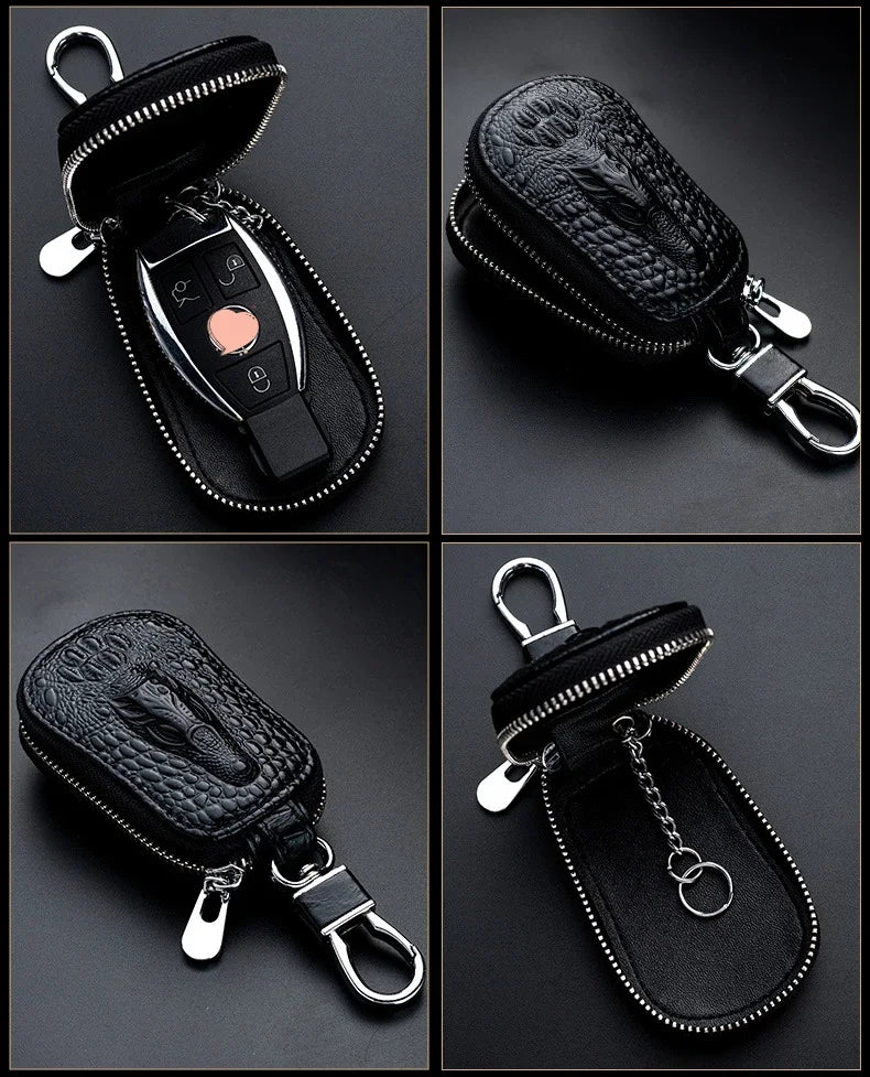 Cowhide Car Key Wallet Case Genuine Leather Crocodile Pattern Zipper Cover Mini Waist Trailer Key Bag Unisex with Metal Buckle