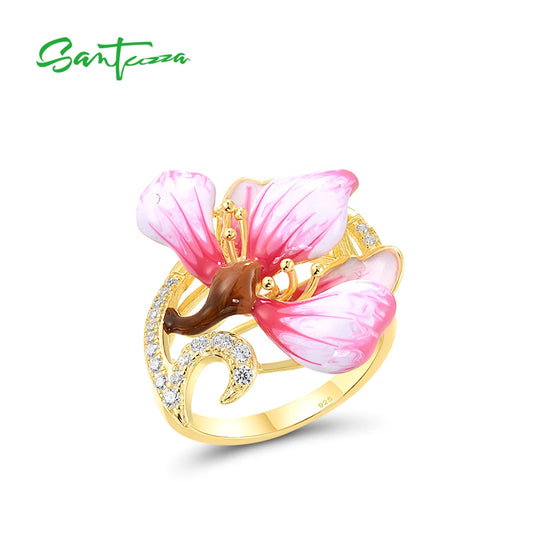 SANTUZZA Genuine 925 Sterling Silver Rings For Women White Cubic Zirconia Handmade Enamel Flower Ring Delicate Fine Jewelry